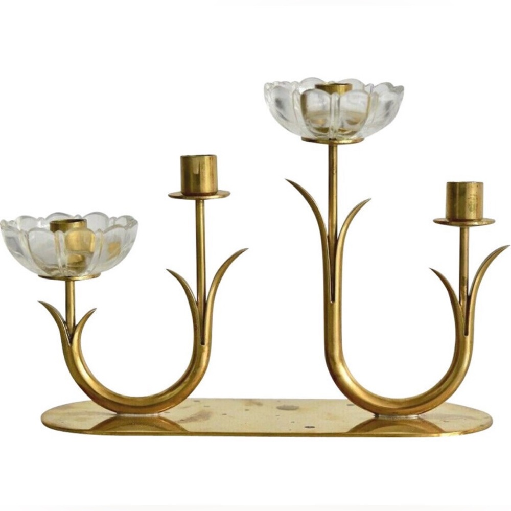 Brass and Glass Flowers Candleholder - Gunnar Ander Ystad Metall Schweden